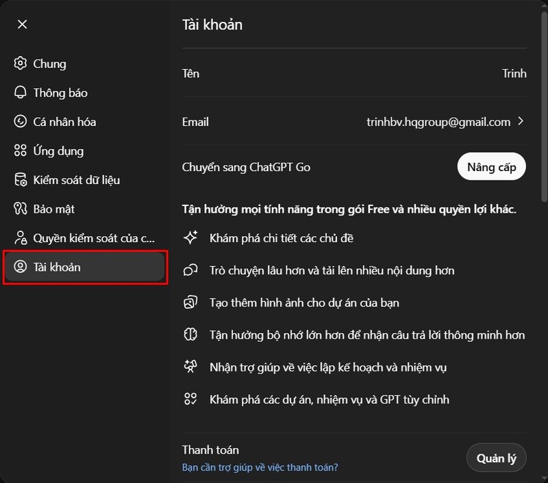Chọn mục Tài Khoản
