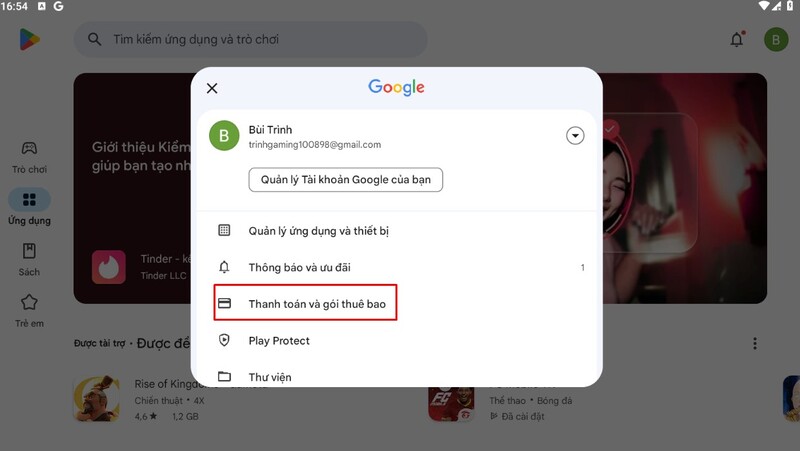 Nhấn vào biểu tượng avatar và chọn mục thanh toán