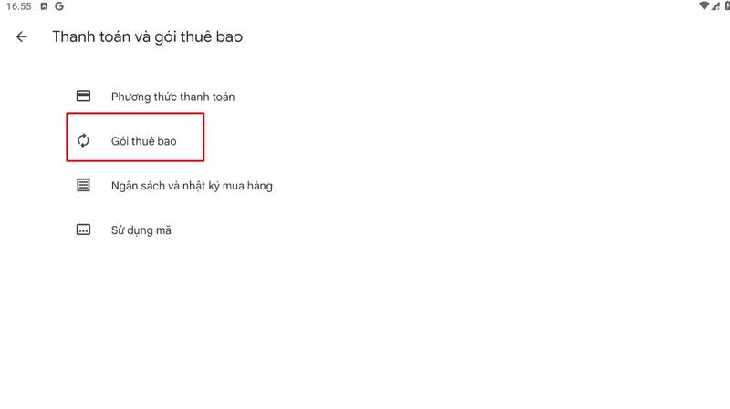Chọn mục Gói thuê bao và hủy Đăng ký