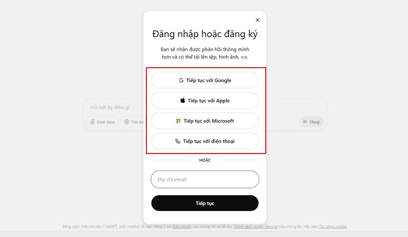 Đăng ký bằng email hoặc tài khoản Google / Microsoft