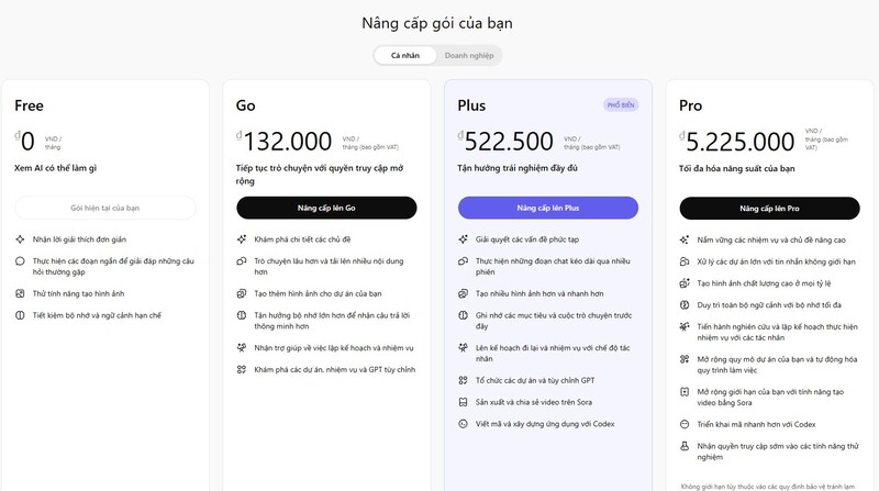 Mức giá nâng cấp tài khoản chat GPT