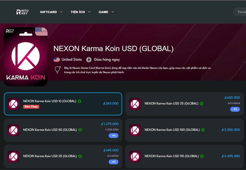 Các gói NEXON Karma Koin Gift Card tại Ritokey