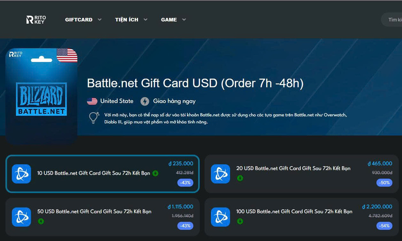Các gói Bettle.net Gift Card tại Ritokey