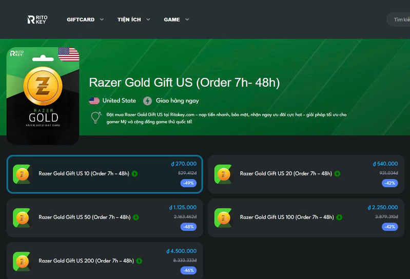 Các gói Razer Gold Gift Card tại Ritokey