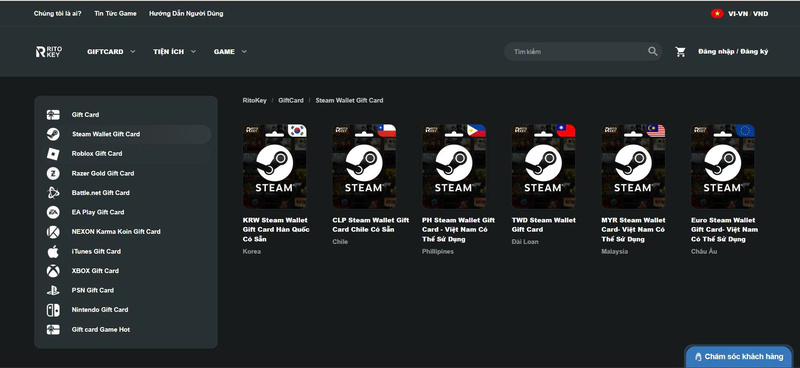 Các gói Steam Wallet Gift Card tại Ritokey