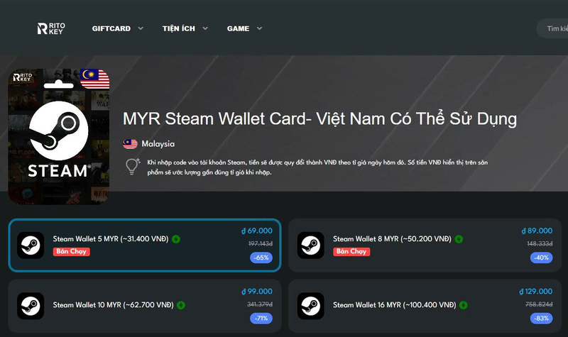 Các gói MYR Steam Wallet tại Ritokey