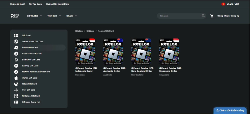 Các gói Roblox Gift Card tại Ritokey