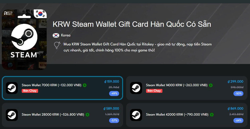 Các gói KRW Steam Wallet Gift Card của Ritokey