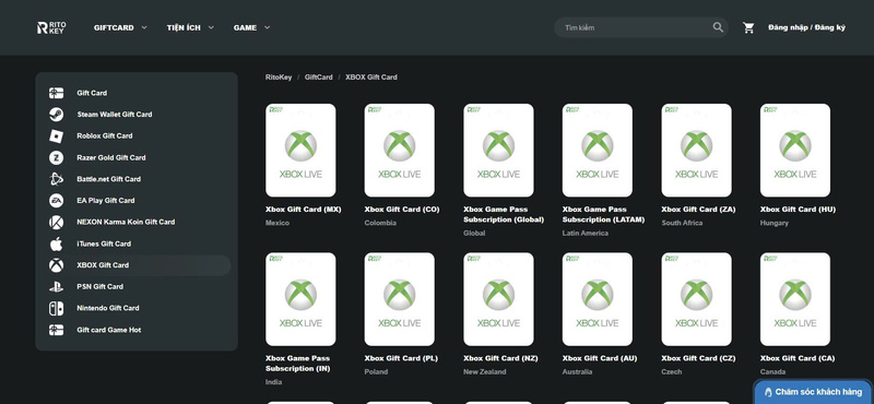 Các gói Xbox Gift Card tại Ritokey