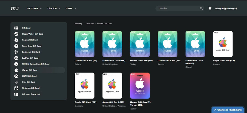 Các loại iTunes Gift Card tại Ritokey